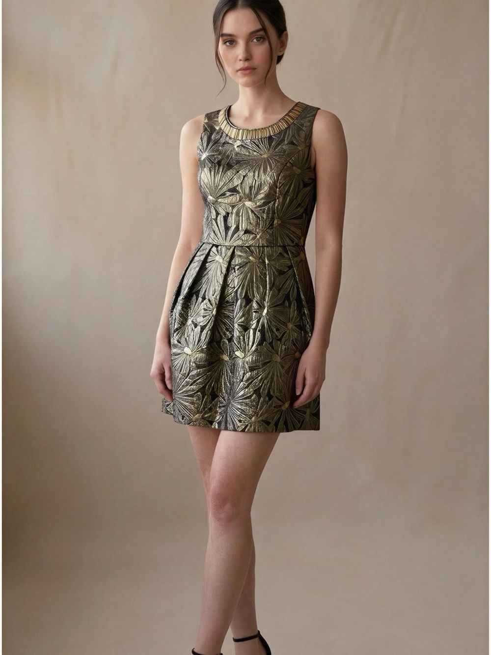 Romeo & Juliet Couture Metallic Gold Floral Fit-and-Flare Dress